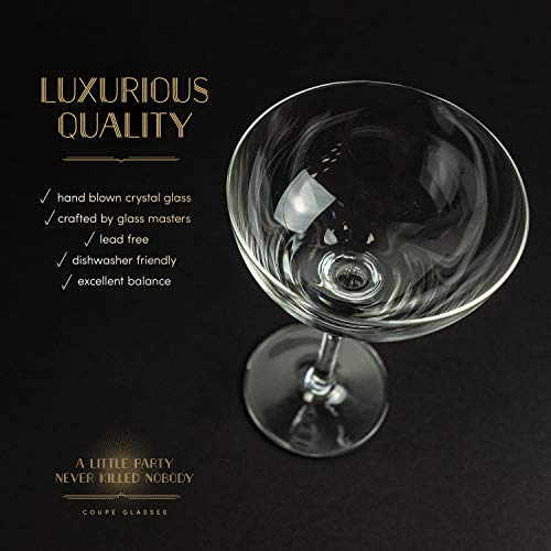 Vintage Crystal Champagne Coupe Glasses | Set of 4 or 2 | 4-5 oz Classic Cocktail Glassware - Martini, Manhattan, Cosmopolitan, Sidecar, Daiquiri | 1920s Speakeasy Retro Style Saucers | Gift Box