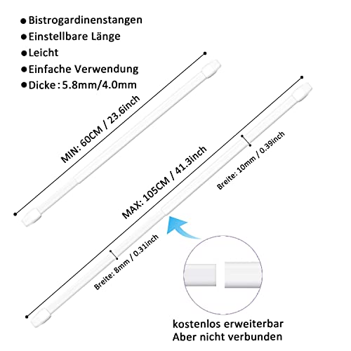 Pack of 2 Window Curtain Poles, Curtain Poles for Shop, Cabinet, Window, Kitchen, DIY Projects (60-105 cm, White)