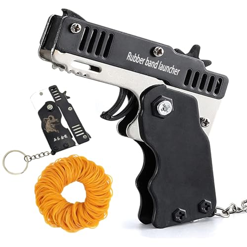 Kids Toys Cool Keychain Mini Metal Folding Rubber Launcher Toy with 60 Elastic Rubber Bands for Outdoor Activities (Black)