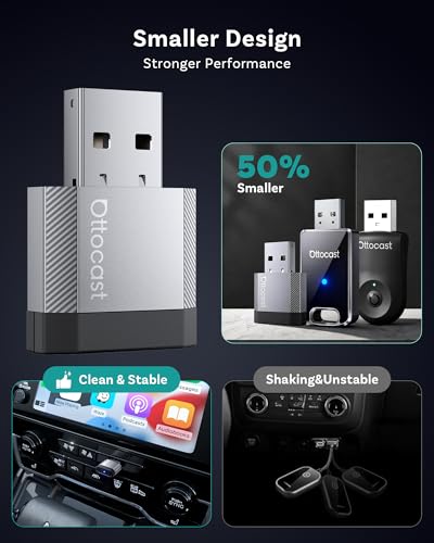 2026 Ottocast Mini Nova, Adaptador CarPlay y Android Auto Inalámbrico, USB Plug & Play, Conexión Automática, Diseño Compacto de Aluminio, Conexión Estable Doble Banda