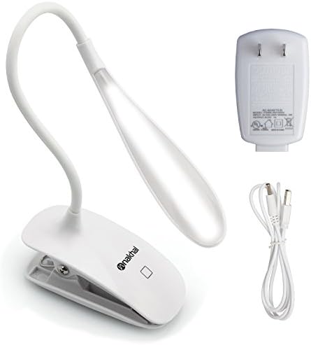 Nakhal 16 LED Rechargeable Book Light | Dimmable Touch Sensitive Reading Light | 3 Level Brightness | Flexible Clip-on Desk Lamp | USB Eyecare Table Light | UL Certified AC Adapter included | White