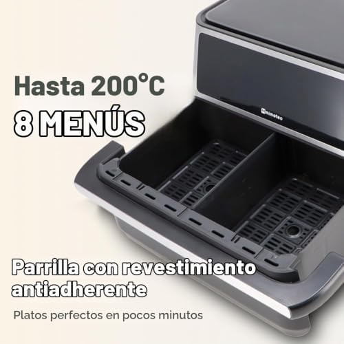 – Air Fryer Double Touch 11L (5,5+5,5L) Freidora de Aire Doble sin Aceite, 2850W, 10 Menús, Pantalla Táctil, Temporizador 60min regulable, 80-200°C, Cocina Fácil y Saludable