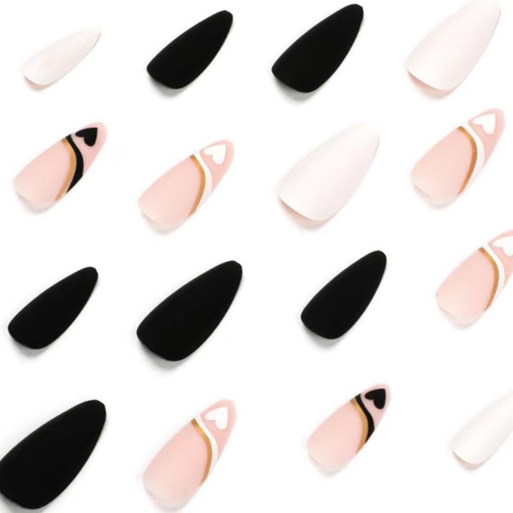 Love Press on nails Medium Stiletto Fake Nails with Design Nude Pink Glue on nails Glossy Acrylic Full Cover Black White Soild color Stick on Nails False Nails for Women Manicure - Image 4
