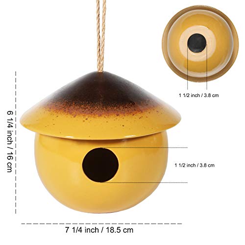 Tenforie Ceramic Birdhouses Bird Hut Hanging Hummingbird Nest for Outdoor -Yellow
