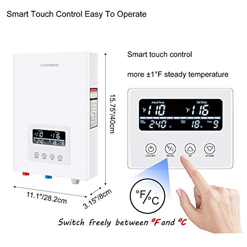 Tankless Water Heater Electric ECOTOUCH 9KW 240V On Demand Water Heater Self-Modulating Instant Hot Water Heater ECO90 White