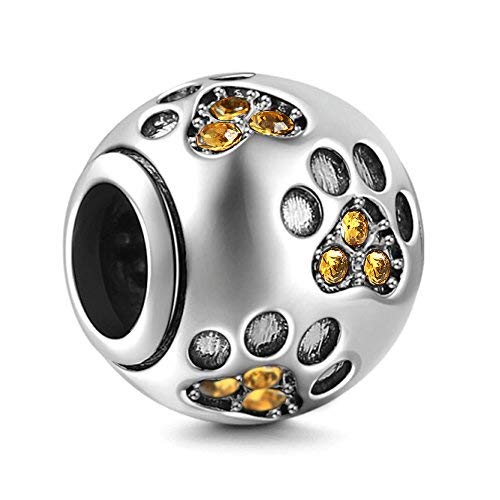 CHAWIN Jewelry Paw Prints Solid 925 Sterling Silver Charm with Yellow Crystal Designs Ball Shape European Style Beads and Charms