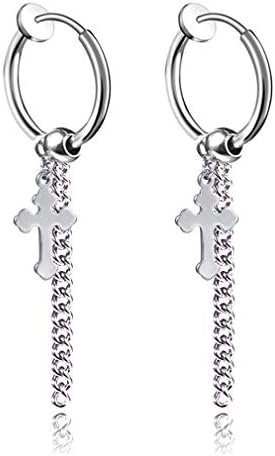 Xusamss Hip Hop Religion Titanium Steel Tassel Chain Cross Dangle Clip On Earrings