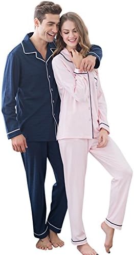 Permeiz Womens Mens Long Sleeve Cotton Matching Couples Pajamas Loungewear Set Pink Medium