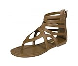 Soda Women's Bosun Strappy Cutout Flat Sandal, taupe leatherette, 6 M US