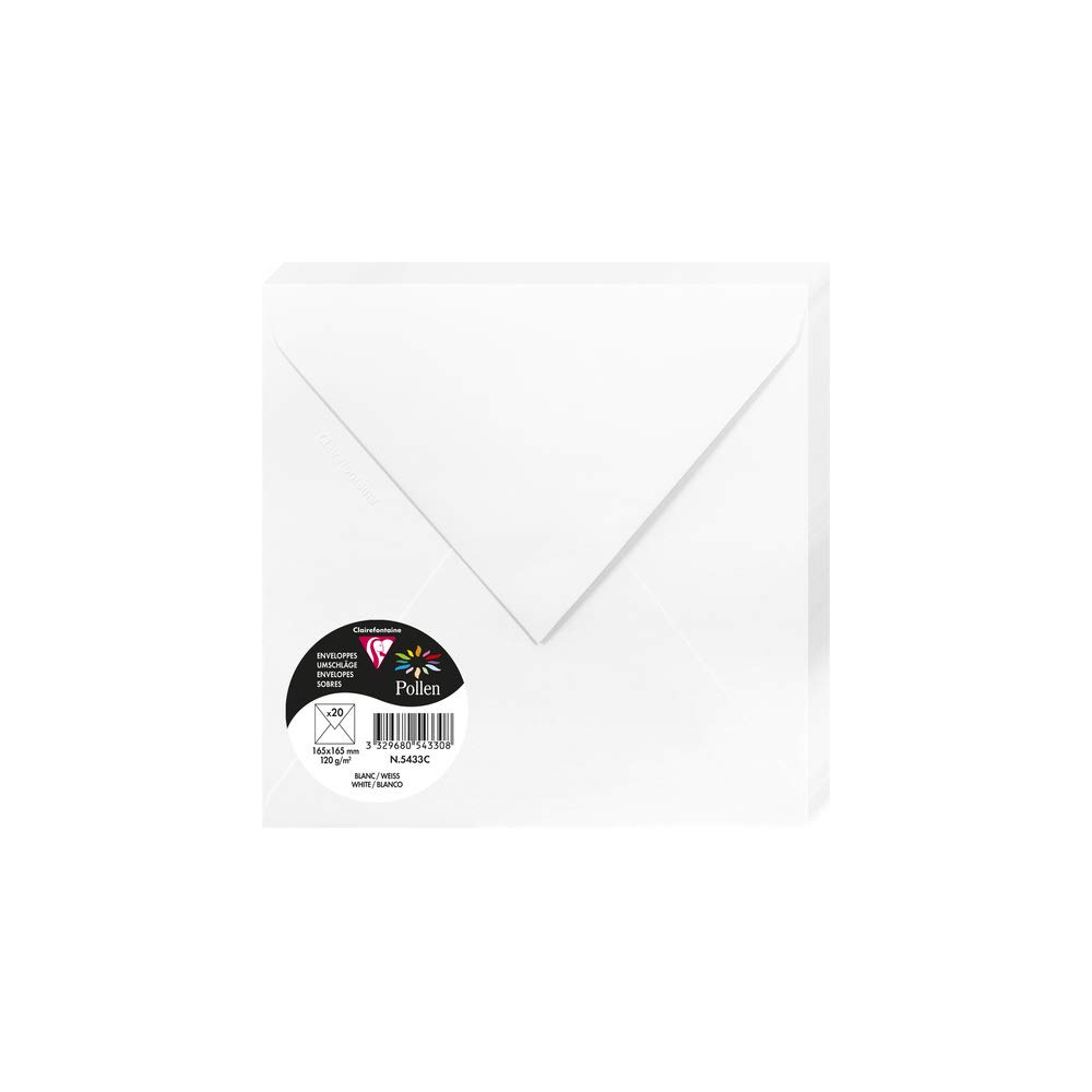 Clairefontaine 5433C Pack of 20 Gummed Envelopes Square Format 16.5x16.5cm 120g/m² White Invitation Events Correspondence Pollen Range Premium Smooth Paper