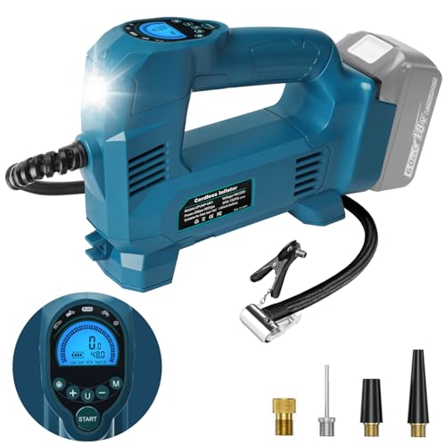 QUPERR Battery Compressor Compatible with Makita 18 V Battery, Electric Air Compressor up to 10.34 Bar with LED Light & Auto Stop, Portable Air Pump for Car, Motorcycle, Bicycle, Balls (without Battery)