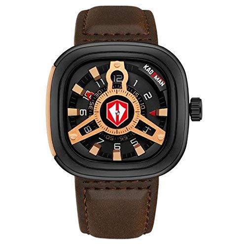 Kademan Dark Brown Business Casual Waterproof Leather Strap Square Dial with Unique Display and Rotating Logo Watch for Men and Boys