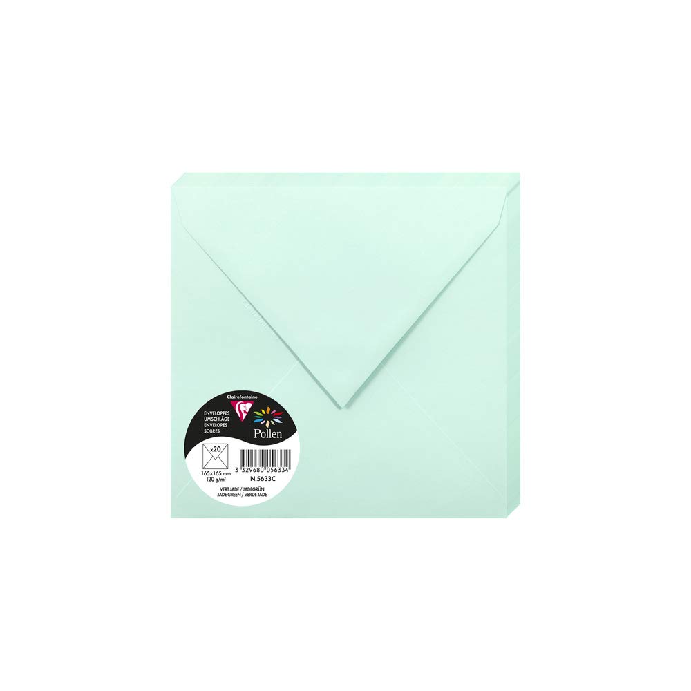Clairefontaine 5633C Pack of 20 Gummed Envelopes Square Format 16.5x16.5cm 120g/m² Jade Green Invitation Event Correspondence Pollen Range Premium Smooth Paper