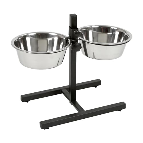 Futterbar, Hundenapf, schwarz, 54x27x43cm, 2x2800ml, Stahlgestell, Hunde, 2X Edelstahlnapf, stufenlos höhenverstellbar, erhöhter Futternapf