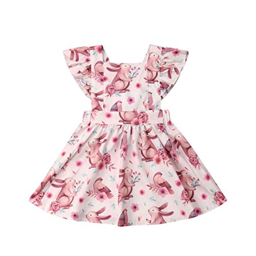 Toddler Baby Girl Easter Clothes Floral Ruffle Fly Sleeve Bunny Print Princess Dress Girls Summer Outfit (Floral, 90 (1-2Years))