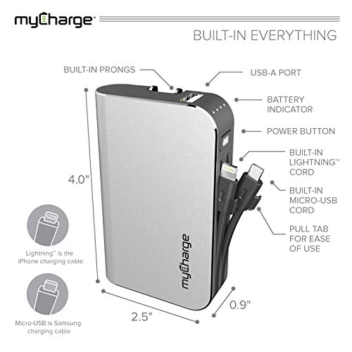 myCharge Portable Charger Power Bank - HubPlus 6700 mAh External Battery Pack | Wall Charger Foldable Plug | Built in Cables (Apple iPhone Charger Lightning Cable and Android Samsung Micro USB Cable