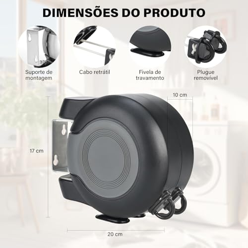 Varal Retrátil de Parede Recolhível com Corda 30m e Kit Instalação – Suporta até 30 kg de Roupas,para Varanda de Apartamento e Espaços Pequenos,Trailers e Camping Etc