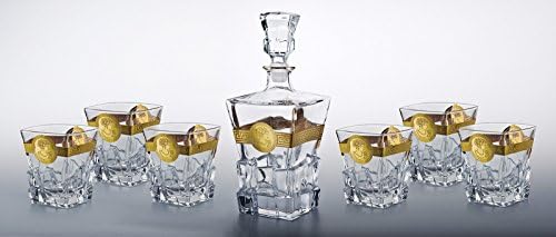 Denizli Spirits 7-pc Set of 30 Oz Bohemia Crystal Decanter with Vintage Gold Greek Key Pattern and 9 Oz Whisky Scotch Brandy Glasses