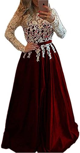 LastBridal Women Lace Beaded Long Sleeves Satin Prom Dresses 2018 Formal Evening Gowns Long LB0079