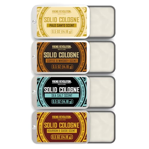 Viking Revolution 4 Pack Solid Cologne for Men - Men's Cologne Gift Set Including Coffee and Whiskey, Palo Santo, Sea Salt, Bourbon and Suede - Travel Size Gifts for Men (0.5 Oz each)