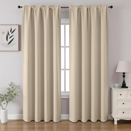 CUCRAF Blackout Curtains Room Darkening Window Curtain Panels, Rod Pocket Thermal Insulated Solid Drapes for Bedroom Living Room, Set of 2 Panels. 52 x 90 inch, Light Beige