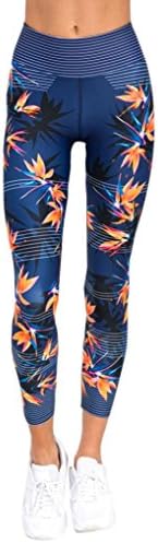 Women High Waist Leaf Plant Printing Sports Gym Yoga Running Fitness Leggings Pants Athletic Trouser (Blue, L)