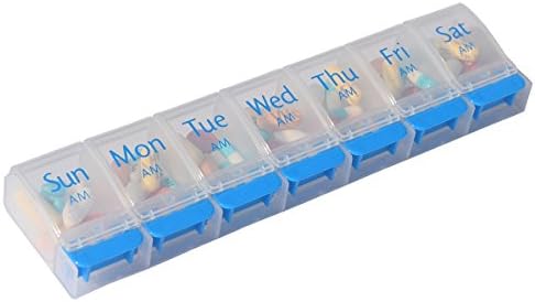 Aeon Weekly Medium Size Pill Organizer, Blue AM Morning Travel Size Durable 7 Day Push Button Pill Box Case for Pills to Hold Vitamins, Supplements, and Medication