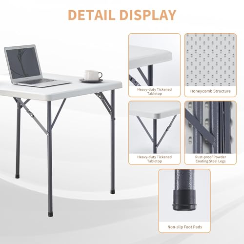 MOMENT Square Plastic Folding Table 88×88×75cm, Portable Foldable Lightweight Table HDPE Desktop with Steel Legs for Indoor Outdoor Camping Garden Picnic BBQ Party (White)