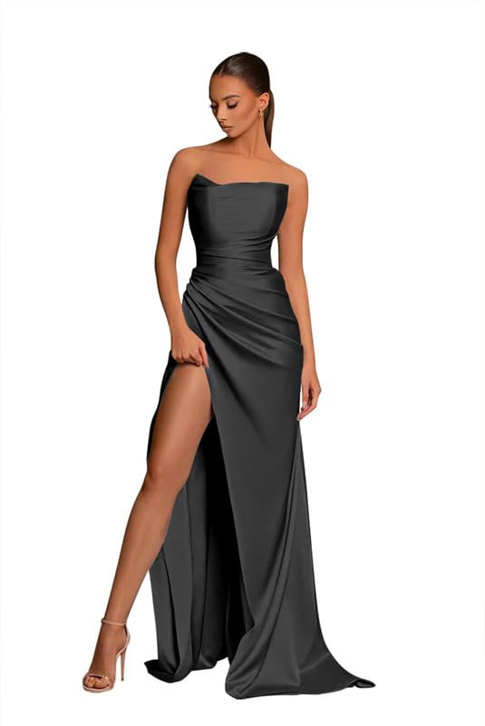 Plataz Mermaid Strapless Black Satin Long Evening Dress Prom Dresses With Ribbon SD2071 HZ0628