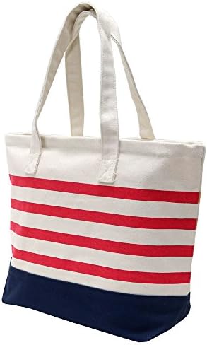 Polka Polka Canvas Cotton Tote Bag Zippered Hand Shoulder Bag (One Size, 91 Red/Marine Border)