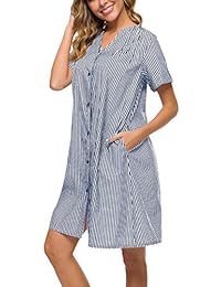 YOZLY Sleepwear - Camisón de algodón con botones y mangas cortas para mujer