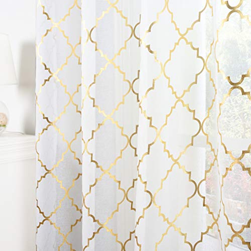 Kotile White and Gold Sheer Curtains for Bedroom Gold Moroccan Tile
