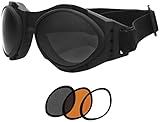 Bobster Bugeye 2 Interchangeable Goggles, Black Frame/3 Lenses (Smoked, Amber and Clear)