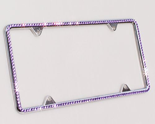 Carfond 1 Row Pure Handmade Waterproof Bling Bling Selected Rhinestones License Plate Frame Bonus 4 Matching Screws Caps Silver-Dark Purple