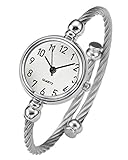 Top Plaza Womens Fashion Silver Tone Analog Quartz Bangle Cuff Bracelet Wrist Watch, Unique Elegant Stainless Steel Wire Band, Arabic Numerals - White