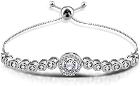 Womens Sterling Silver Tennis Charm Chain Adjustable Bolo Bracelet Cubic Zirconia Platinum Plated Jewelry