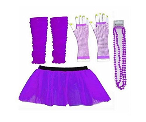 Rush Dance 80s Fancy Costume Set - TUTU & LEG WARMERS & FISHNET GLOVES & BEADS (Purple)