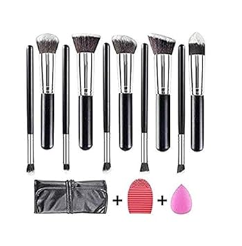 Kylie Makeup Brushes Set Tool Pro Foundation Eyeliner Eyeshadow Black Silver With Leather Pouch + sponge puff + brush cleaner