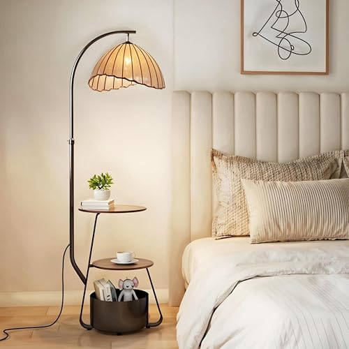 Floor Lamp with Table Attached, 3 Tier Sofa Side Stand Lamp with Bottom Storage Basket, 3 Color Temperature Reading Light, Modern Simple Storage Bedside Cabinet for Living Room, Home