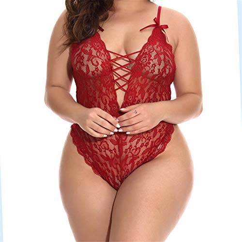 Women Sexy Lingerie Plus Size Lace Babydoll Bodysuit Floral Nightwear Robe Bridal Lingerie with G-String (L2, Wine) - Thumbnail 2