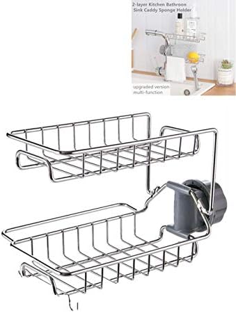 2-Layer Double deck Kitchen Bathroom sink caddy sponge holder Stainless Steel Kitchen Sink Organizer Drainer Caddy Soap Brush Dishwashing Liquid Drainer Rack, Sink Kitchen Sponge Holder Dish Brush Hol