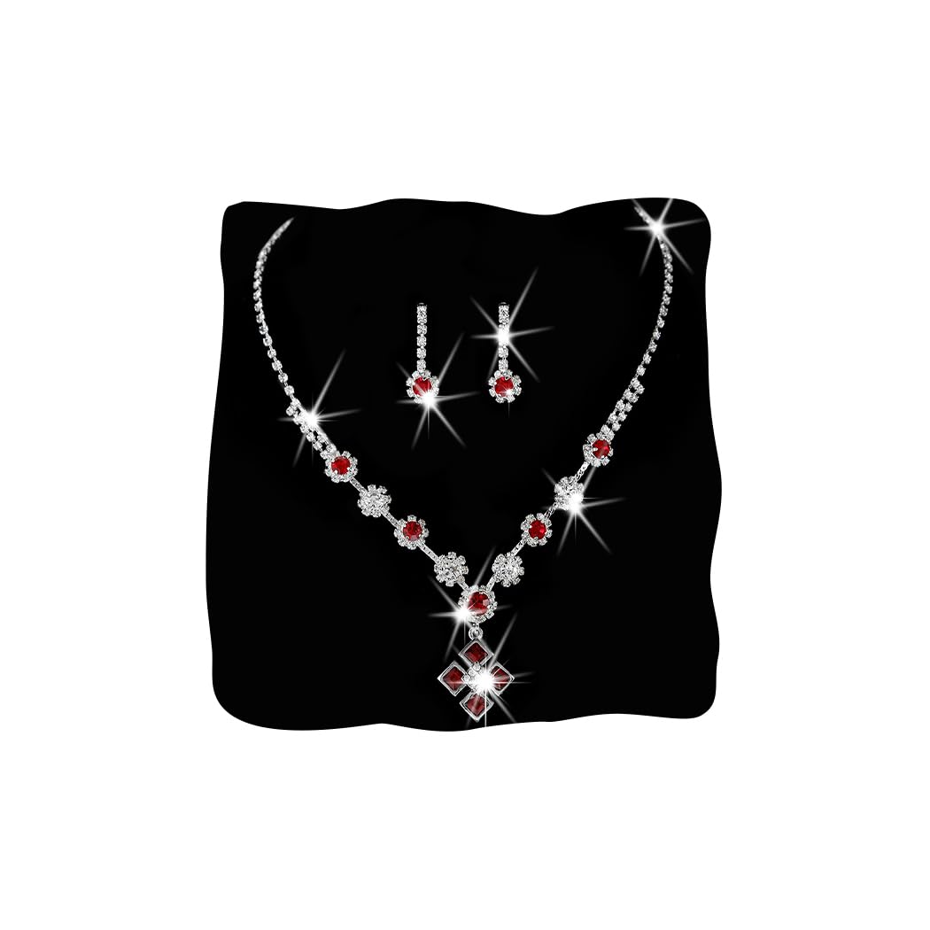 Ushiny Silver Bridal Wedding Jewellery Set Red Rhinestone Necklace and Earring Set Sparkly Crystal Dangle Drop Earrings Necklace Jewellery Set for Women and Girls