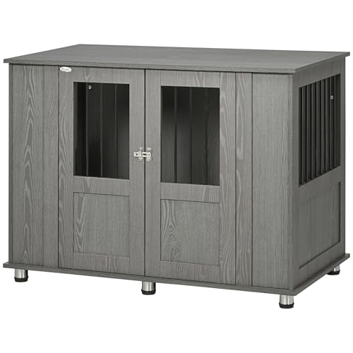 PawHut 45" L Dog Crate Furniture with Lockable Magnetic Door, Adjustable Feet, Indoor Dog Kennel End Table for Extra Large, Medium & Small Breeds, Grey