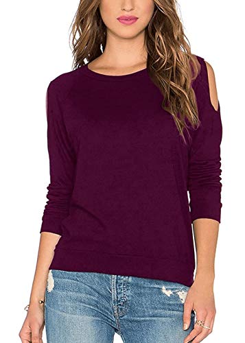 Duppoly Women's Long Sleeve Yoga Tops Cold Shoulder Workout Shirt Plain Off Shoulder Workout Tops for Womens Athletic Tops Loose Fit Yoga Shirts for Womens Workout Tanks Tops Sport Tops Purple L