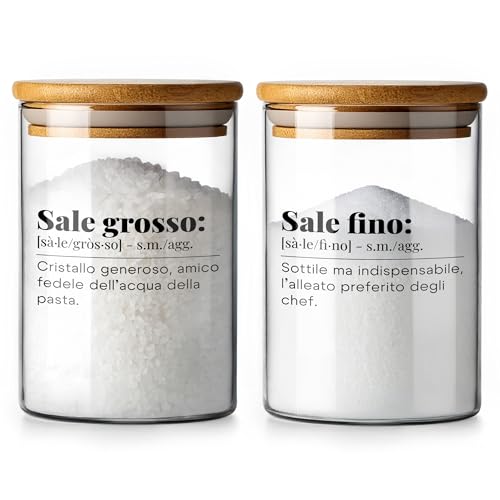 Tundra Set of 2 Fine and Coarse Salt Jars in Borosilicate Glass with Airtight Closure 800 ml – Salt Holder with Bamboo Lid, Glass Kitchen Spice Containers