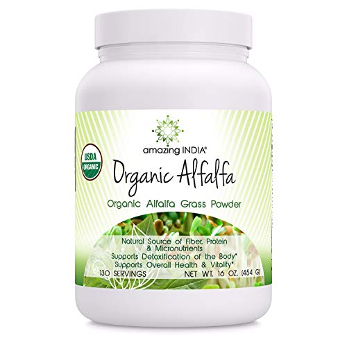 Amazing India Organic Alfalfa Powder (Non-GMO)- 16 Oz (481.94 Gm) - USDA Certified ORGANIC- Raw, Vegan- Gluten-Free, Plant-Based Nutrition- Supports Digestive Health, Detoxification and Immune Health*