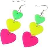 80s 90s Neon Love Heart Earrings for Women Colorful Acrylic Heart Tassel Dangle Drop Earrings for Women 80s 90s Costume Outfit Glow Party Accessories Jewelry Gift