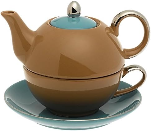 Classic Coffee &amp; Tea Chic Tea Set for One - Teapot, Cup &amp; Saucer in Turquoise &amp; Mocha Design