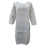 Womans Indian Tunic Dress White Chikan Hand Embroidered Long Kurti Caftan