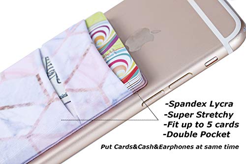 2Pack Phone Card Holder Stretchy Lycra Stick on Wallet Pocket Credit Card ID Case Pouch Sleeve 3M Adhesive Sticker for Back of iPhone Samsung Galaxy Android Smartphones-Rose Gold Marble Double Pocket